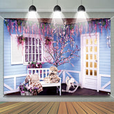 Aperturee - Blue Wood House Purple Floral Architecture Backdrop